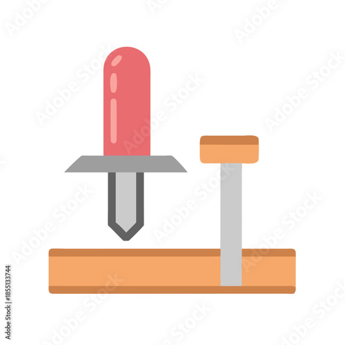 Flat vector illustration of a wooden mallet and nail