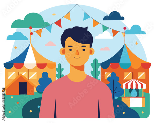 Young man in casual wear stands at a fairground