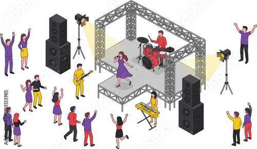 concert, stage, music, band, festival, isometric, performance, audience, spotlights, speakers, singer, entertainment, celebration, event, lifestyle