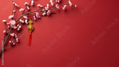 Chinese new year decoration with pink blossoms and gold ornament on red background