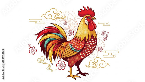 Vibrant rooster with colorful plumage and cherry blossoms, symbolizing good fortune and prosperity in a stylized illustration