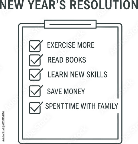 New Year's resolution checklist on clipboard with exercise, reading, learning, saving, and family time goals, modern line art illustration for motivation and planning