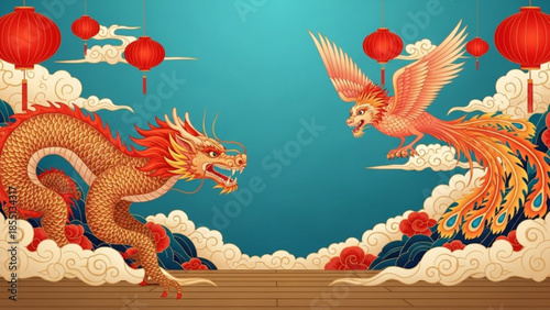 Vibrant chinese dragon and phoenix in clouds with lanterns, symbolizing good fortune and prosperity in a colorful illustration