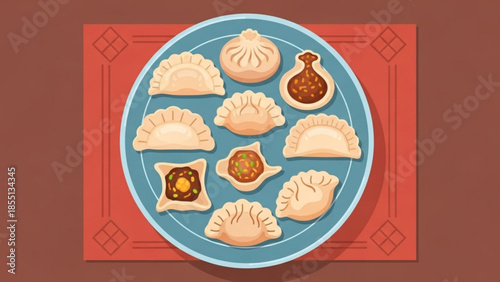 A plate of assorted dumplings with various fillings on a decorative table mat, dumplings with different shapes and brown savory fillings
