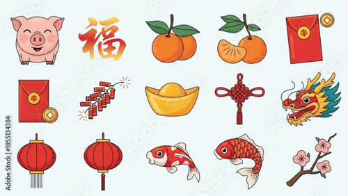 Chinese new year symbols and icons including pig, oranges, lanterns, and gold coins for lunar new year celebrations and prosperity