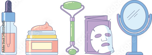 Flat style illustration of 5 Skincare beauty items glass serum dropper face cream jar jade roller sheet mask and cosmetic mirror