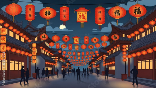 Vibrant chinese street scene at night with red lanterns and people walking, full moon in the background, cultural festival celebration