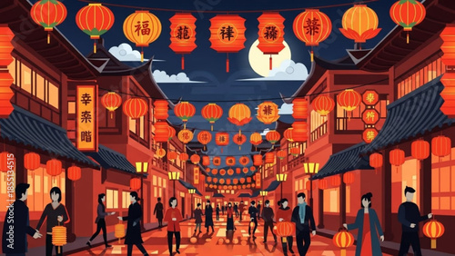 Vibrant nighttime scene of a traditional chinese street filled with people walking under colorful red lanterns and decorative signs, illuminated buildings