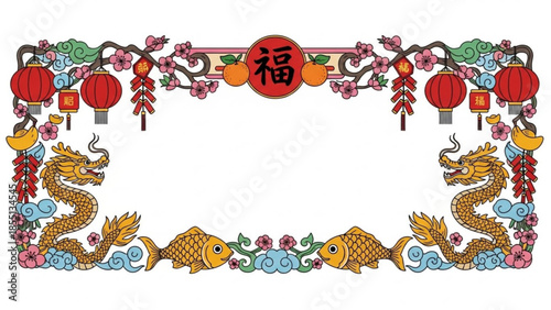 Chinese new year border design with dragon, fish, lanterns, and cherry blossoms for festive greeting cards or invitations