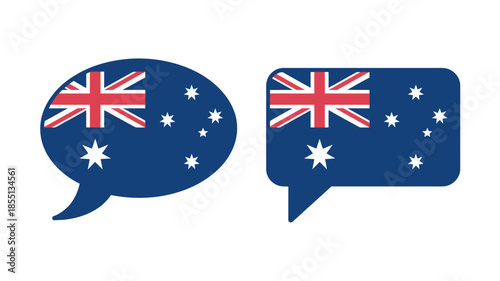 Australian flag inside speech bubbles representing language and communication, isolated on white background