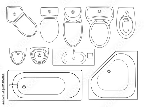 Black and white technical line illustration of bathroom fixtures including toilets, urinals, sink, and bathtubs shown in top view grid layout.