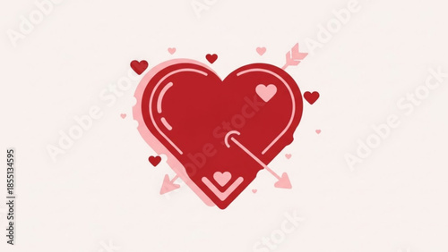 A large red heart with pink and red hearts and arrows on a white background, symbolizing love and romance in a cute and playful illustration style