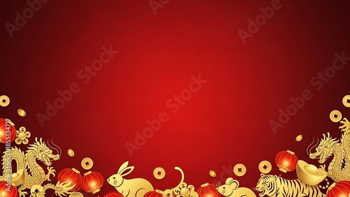 Vibrant red background with gold accents and floral elements for chinese new year
