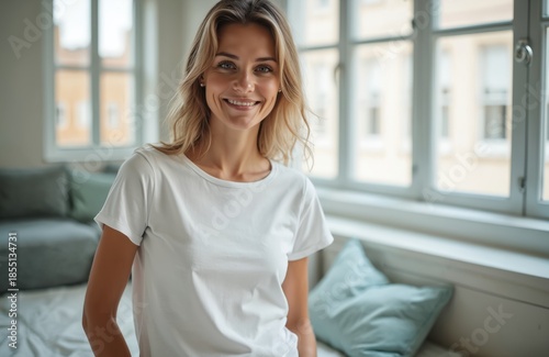 Blonde woman smiles in white t-shirt, possibly indoors near a window. She looks friendly and approachable, perfect for casual wear ads. Her clothing is plain white, ready for custom design. Free Download Blonde woman smiles in white t-shirt, possibly indoors near a window. She looks friendly and approachable, perfect for casual wear ads. Her clothing is plain white, ready for custom design. - GFXLoad