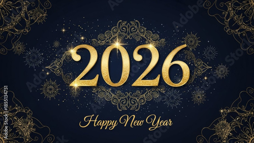 A digital illustration of a Happy New Year 2026 greeting card with gold text and ornate designs on a dark background