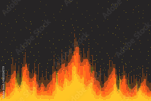 Pixel art fire and flames with rising sparks on a black background, retro 8-bit game style