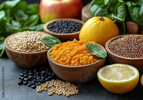 A close-up composition showcasing an abundant and colorful assortment of nutrient-rich legumes, wholesome grains, and fresh fruits with leafy greens.