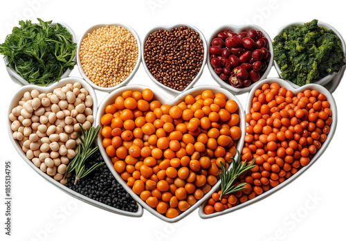 An organized display of various heart-shaped and round bowls filled with a colorful assortment of healthy legumes, grains, and fresh greens.