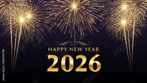 A festive display of golden fireworks exploding in the night sky with a Happy New Year 2026 message