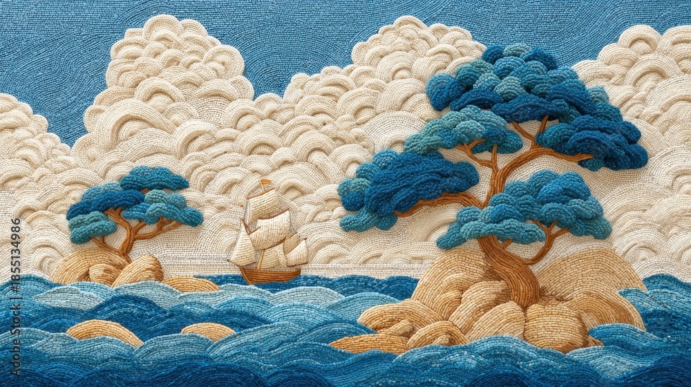 Naklejka premium Tranquil Coastal Scene Featuring Embroidered Trees, Sailing Ship, and Waves on Textured Fabric Background in Vibrant Colors