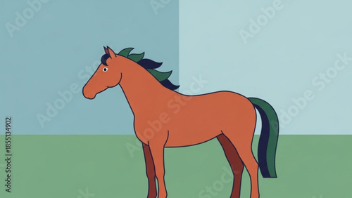 A cartoon horse with a brown coat and green mane stands on a green field against a blue wall background