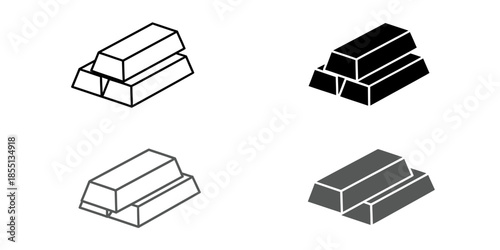 Set of gold bar icons in various styles and quantities, including line art, solid black and gray, isolated on white background