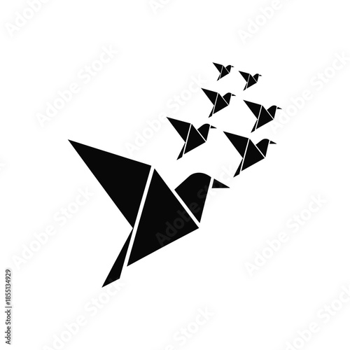 Origami bird flock flying isolated on