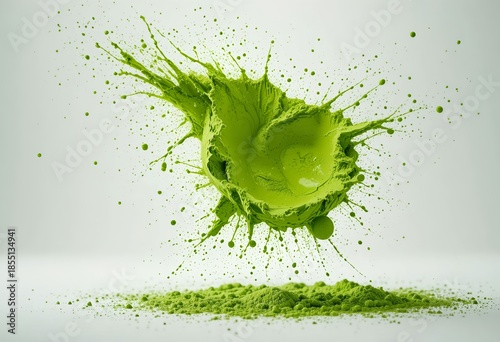 Dramatic high-speed capture of fine green matcha tea powder exploding and splashing upward in a powerful burst, with droplets and particles frozen mid-air against a pure white background.