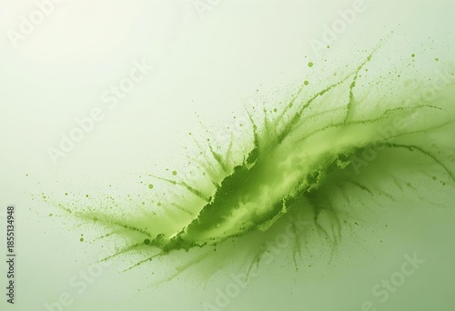 Dynamic dispersion of vibrant green matcha powder creating a swirling cloud splash on light background.