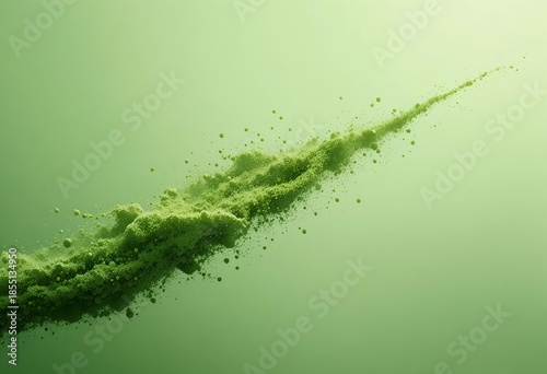 Matcha powder scatter — diagonal motion across frame, crisp particle separation, studio-lit, advertising background style.