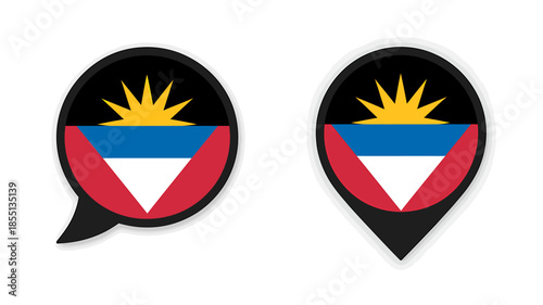 Flag of Antigua and Barbuda icons featuring a speech bubble and a map location pin isolated on white background Free Download Flag of Antigua and Barbuda icons featuring a speech bubble and a map location pin isolated on white background - GFXLoad