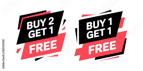 Buy 2 get 1 free and buy 1 get 1 free promotional sale labels or badges isolated on white background