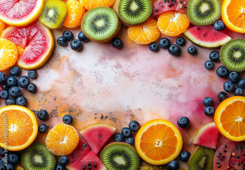 Beautifully arranged fresh slices of vibrant citrus fruits kiwi watermelon and blueberries frame a textured background.