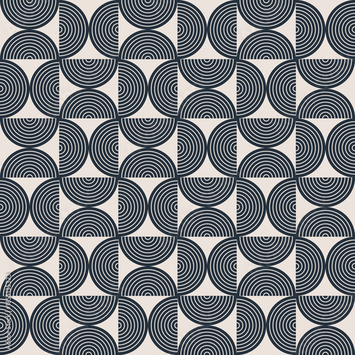 Vintage Art Deco Seamless Geometric Pattern with Black Concentric Circles and Arches on Light Background, Abstract Retro Repeating Texture for Wallpaper, Fabric, Textile, Wrapping Paper and Print
