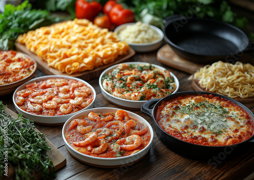A diverse array of delectable pasta and shrimp dishes are generously presented on a warm wooden table.