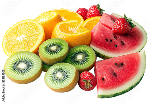 A colorful and fresh assortment of sliced oranges kiwis watermelon and whole strawberries arranged beautifully.