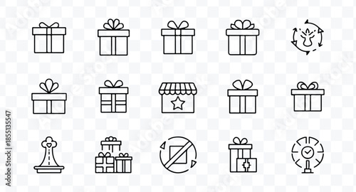 A set of six simple line-drawn gift boxes with ribbons on top, arranged in two rows