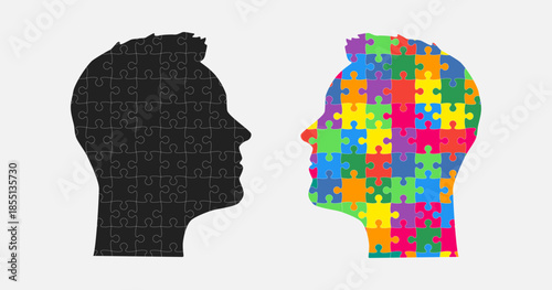Head woman and man made puzzle pieces, education