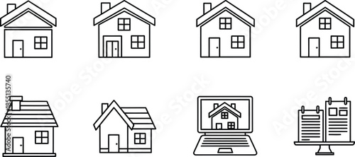 Outline illustration set of 6 Real Estate icons sold sign house key with tag blueprint roll for sale sign and picket fence