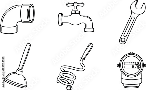Outline illustration set of 6 Plumbing fittings pvc pipe elbow joint faucet wrench plunger drain snake and water meter