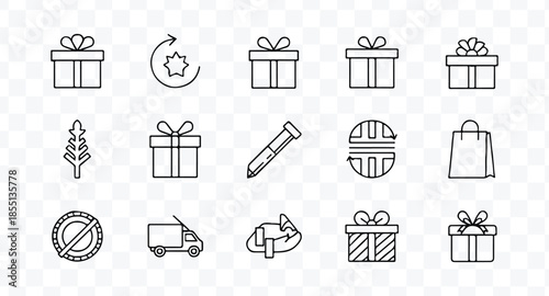 A set of six simple line-drawn gift boxes with ribbons on top, arranged in two rows