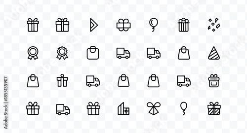 A set of six simple line-drawn gift boxes with ribbons on top, arranged in two rows