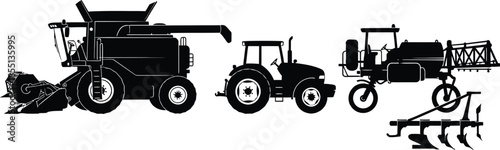 Set of 4 Farm Machinery silhouettes combine harvester tractor crop sprayer and plow side view