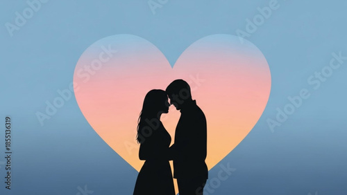 Silhouette of romantic couple kissing in front of large heart shaped sunset background