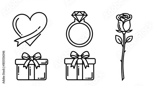 Valentine's day icons with heart, ring, rose, and gift boxes, love and romance symbols in simple line art style for decoration