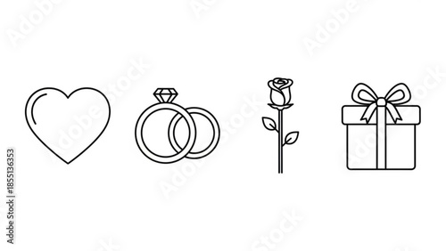 Black line art icons of heart, wedding rings with diamond, single rose, and gift box with bow on white background for valentine's day, love, wedding, romance, and gift