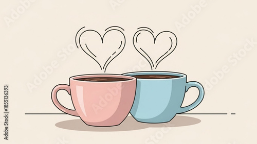 Two colorful coffee cups with steam hearts, love, affection, friendship, morning routine, coffee break, beverage, drink, illustration, graphic, romantic, warm, cozy