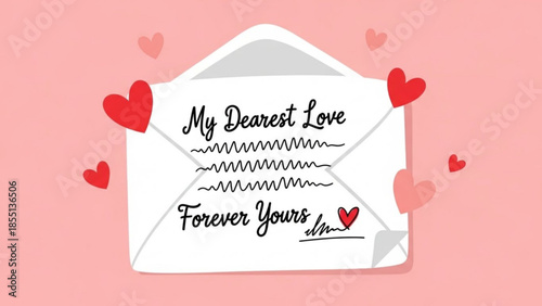 Romantic love letter in white envelope with red hearts on pink background expressing eternal love and affection