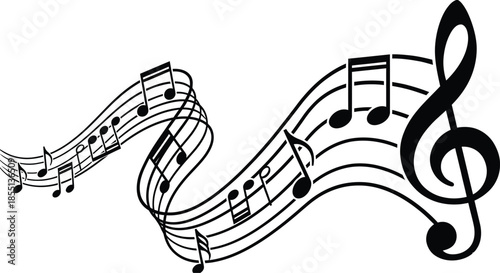 Black and white illustration of swirling musical notes and treble clef