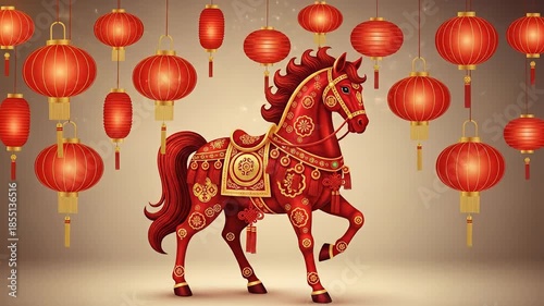 This festive, vibrant digital illustration captures a majestic red zodiac horse adorned with gold patterns, posing beneath numerous traditional chinese lanterns.